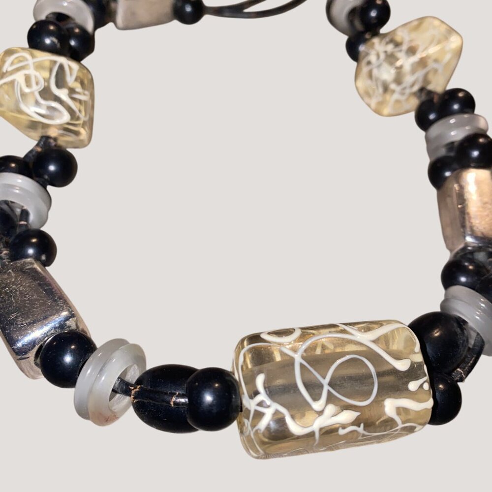 Chicos Chunky Black White Beaded Necklace Abstract Glass  Silver Toned Accents